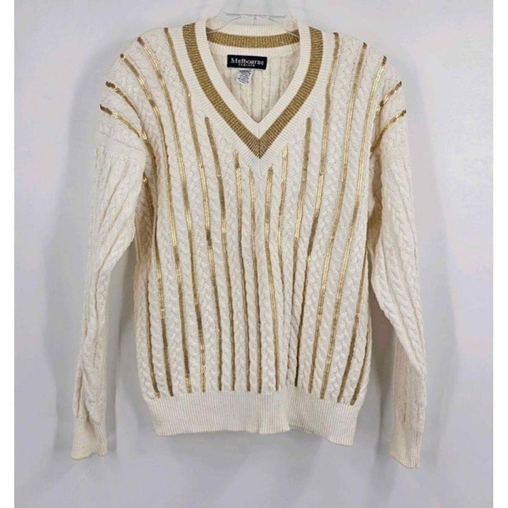 Melbourne Classix Vintage Womens White Gold Sequined Stripes Sweater Sz L